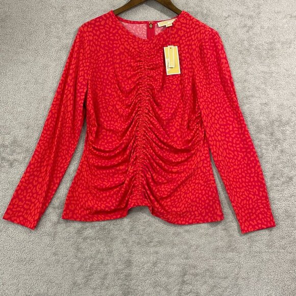 NEW Michael Kors Womens XL Cheetah Ruched Long Sleeve Red  Printed - Picture 1 of 8